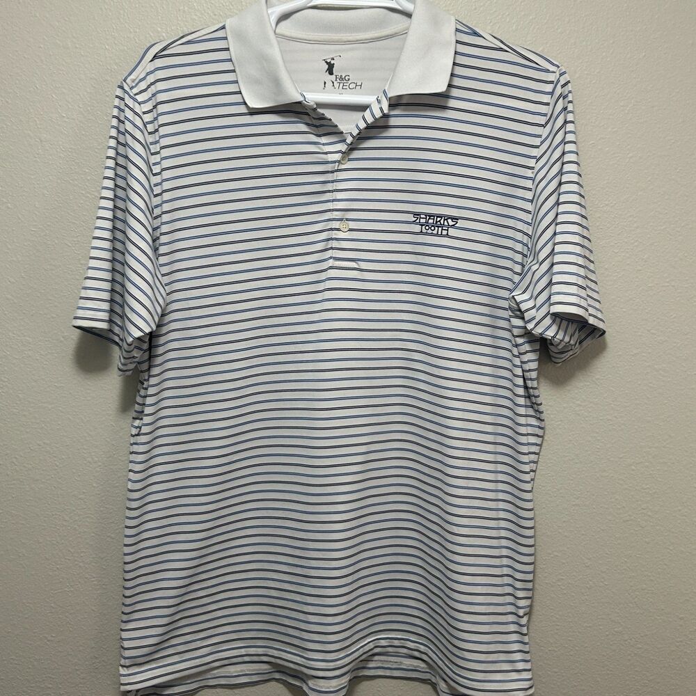 F&G Tech Shark's Tooth Golf Club Polo Shirt Men Size XL White Blue Striped
